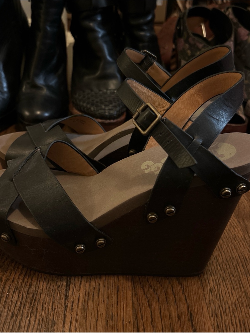 Black Strappy Platform Wedge Sandals with Buckle